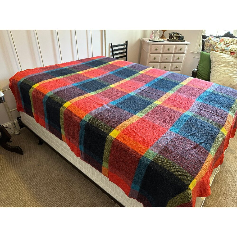 1950s plaid blanket with satin binding 82" x 87"